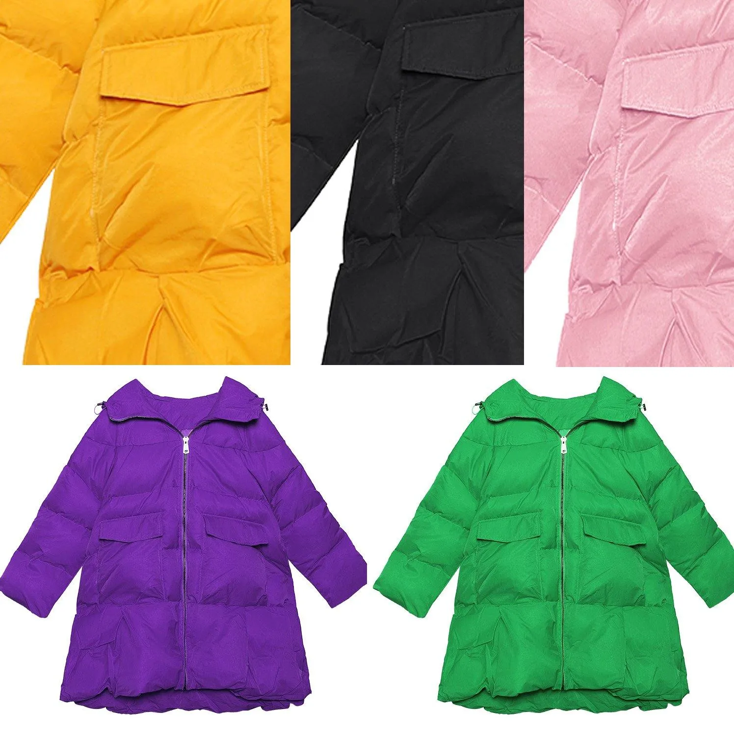 oversized down jacket big pockets winter outwear yellow hooded womens coats