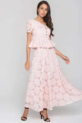 Pink Velvet Flower Lace Midi Dress