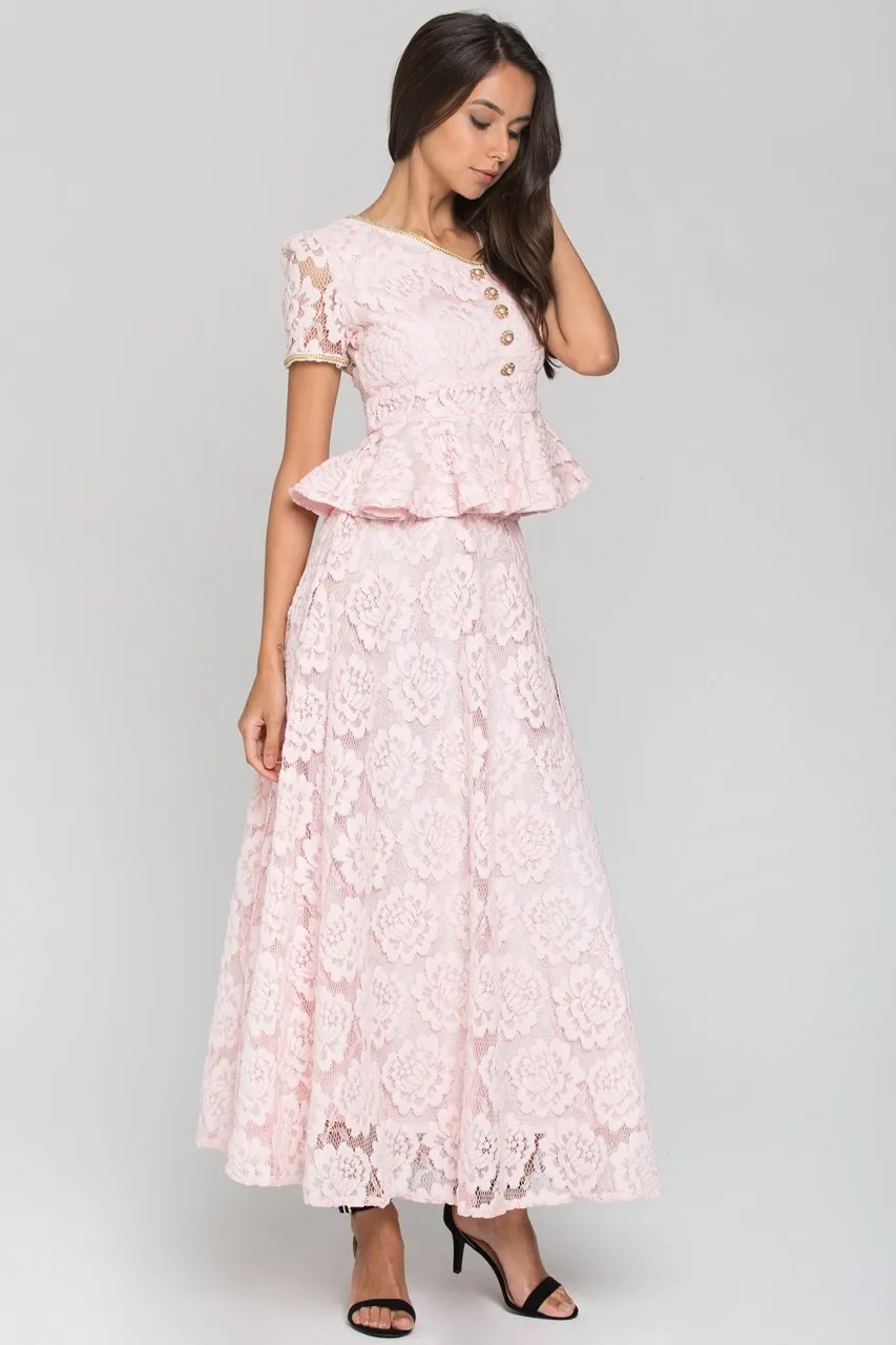 Pink Velvet Flower Lace Midi Dress