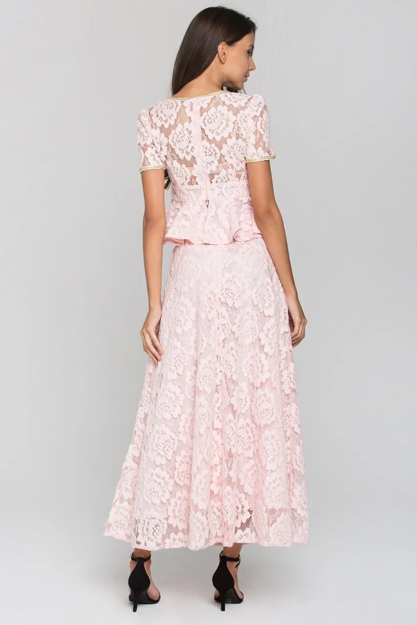 Pink Velvet Flower Lace Midi Dress
