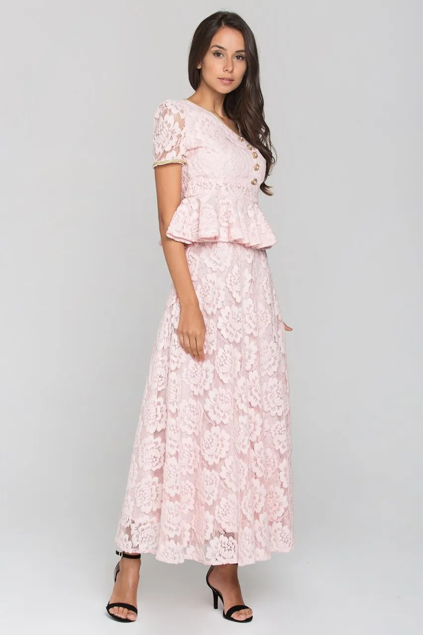 Pink Velvet Flower Lace Midi Dress