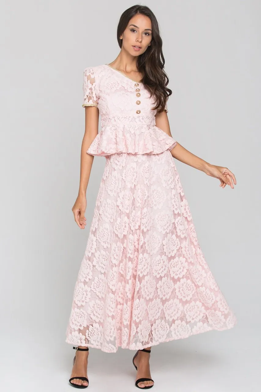 Pink Velvet Flower Lace Midi Dress