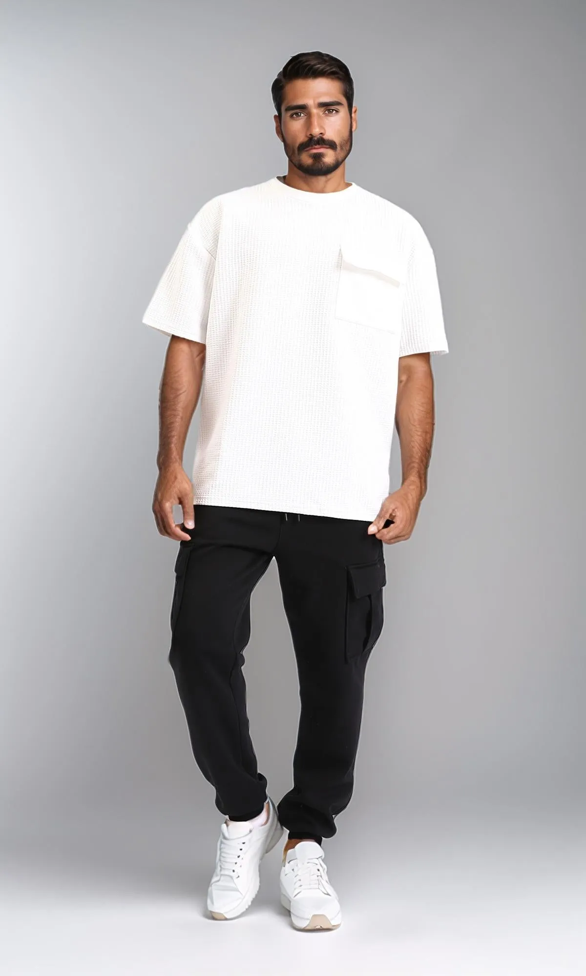 R210688 - Elastic Waist Slip On Casual Cargo Pants - Black
