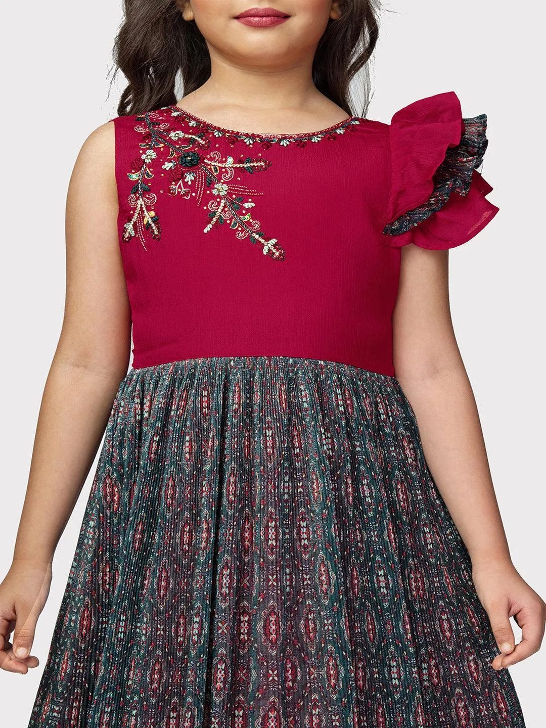 Red Coloured Unique One Side Sleeves Style Ethnic Gown For Girls