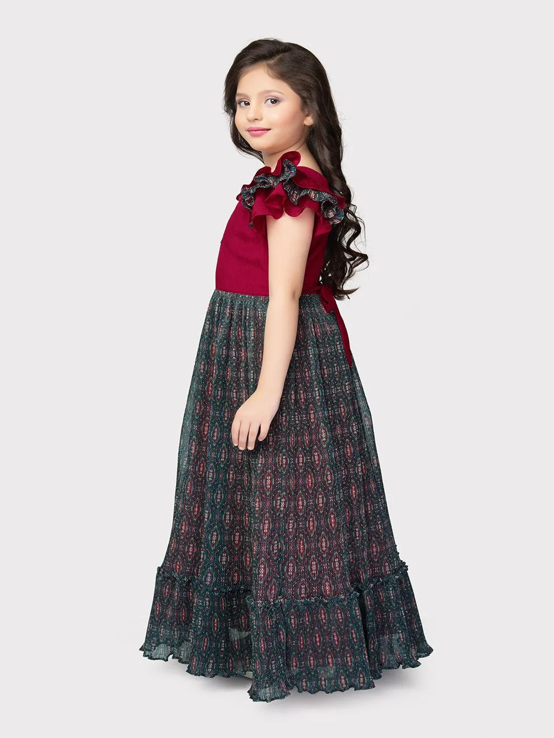 Red Coloured Unique One Side Sleeves Style Ethnic Gown For Girls