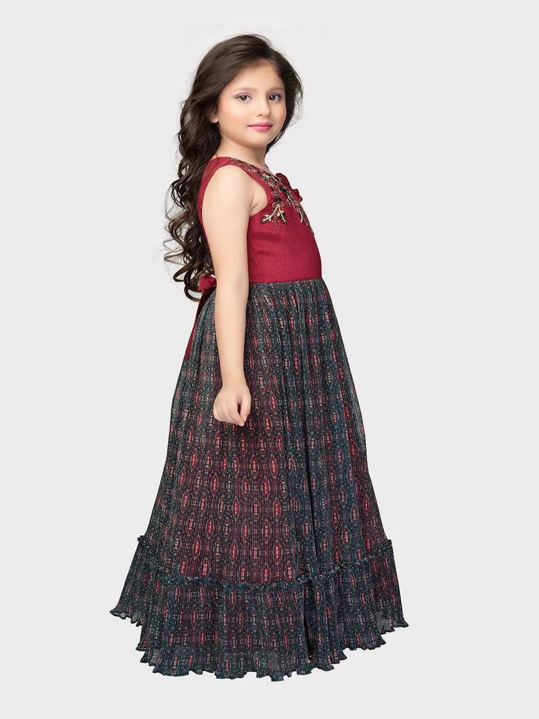Red Coloured Unique One Side Sleeves Style Ethnic Gown For Girls