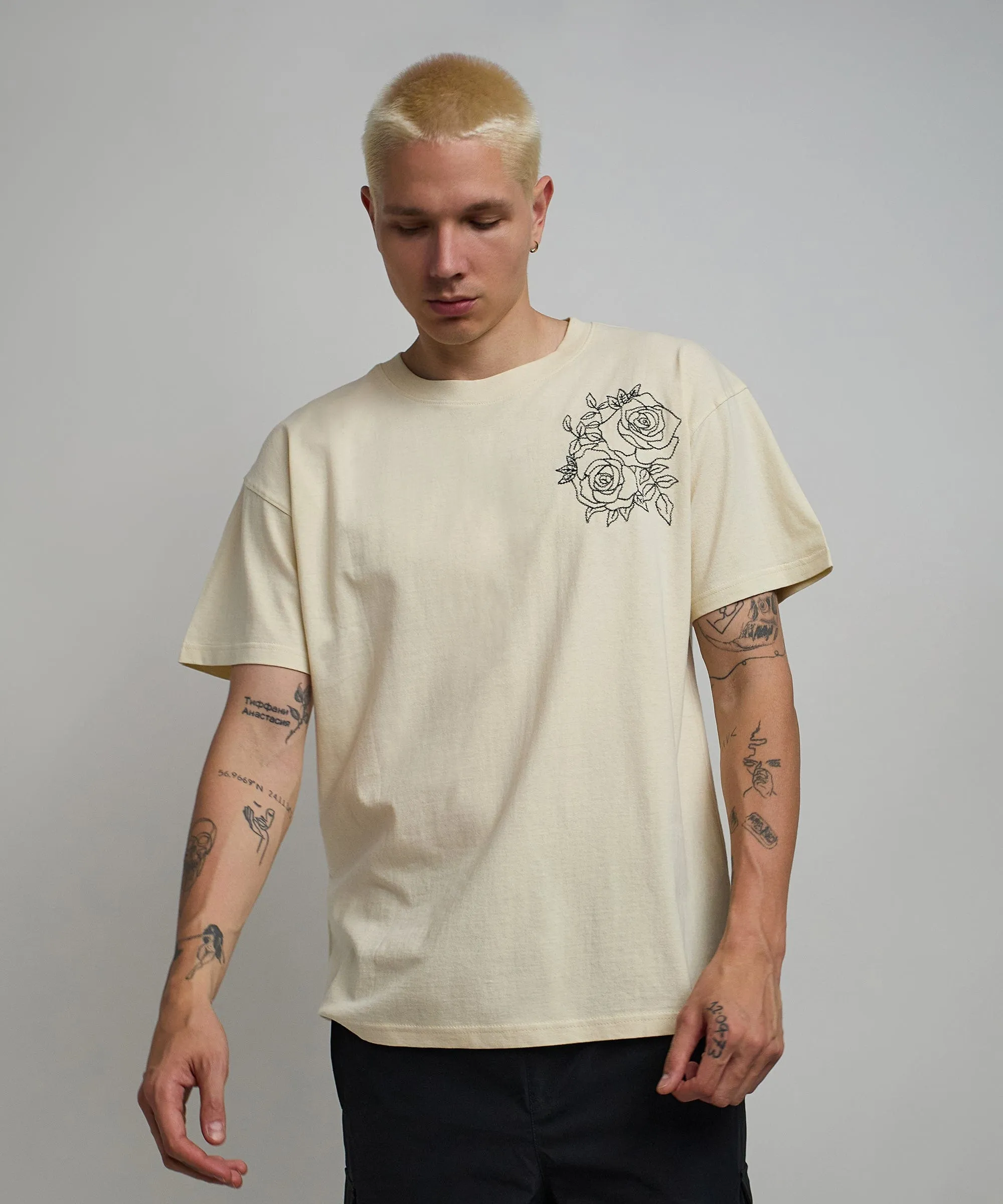 Rose Multi Embroidery Short Sleeve Tee - Cream