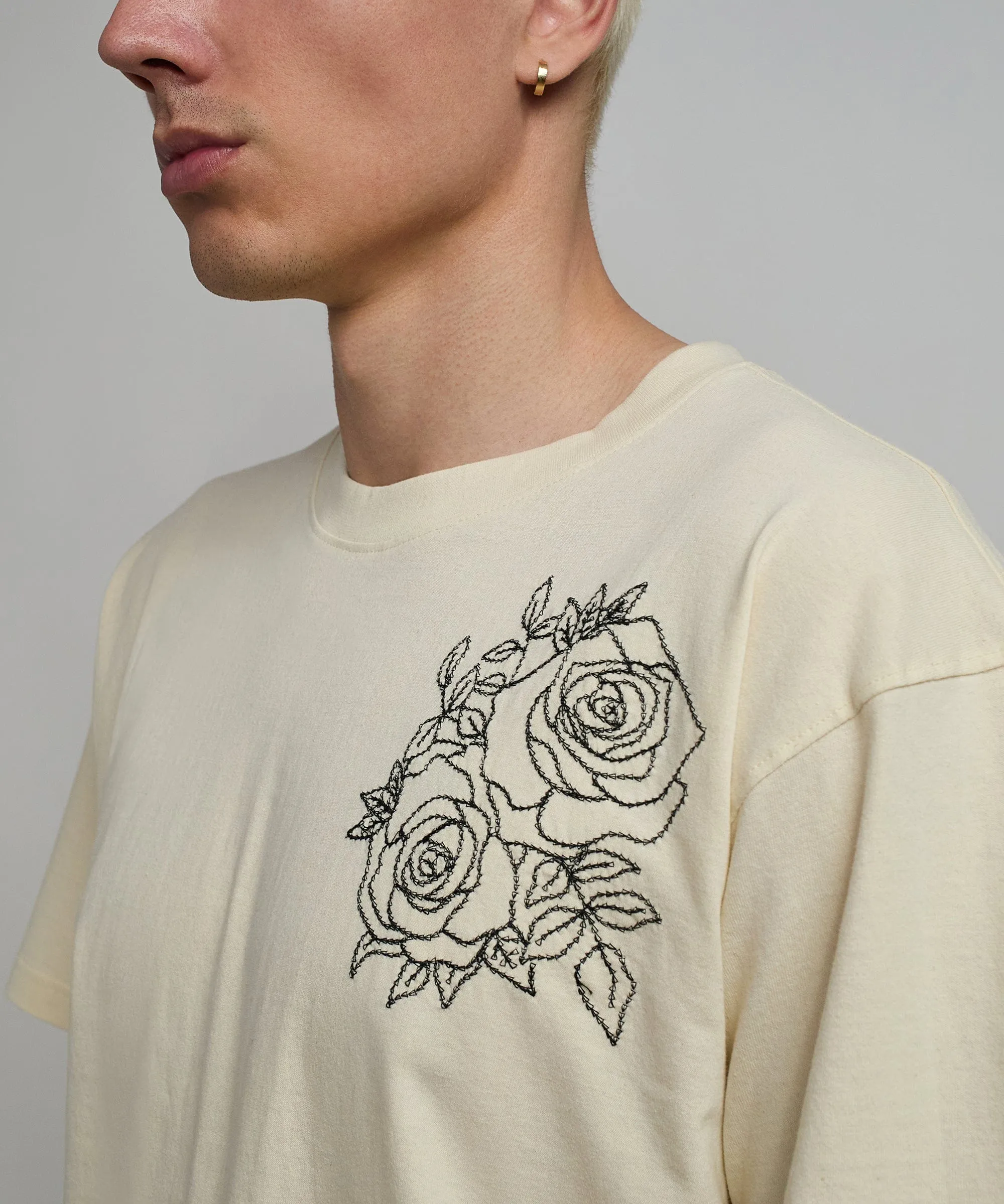 Rose Multi Embroidery Short Sleeve Tee - Cream