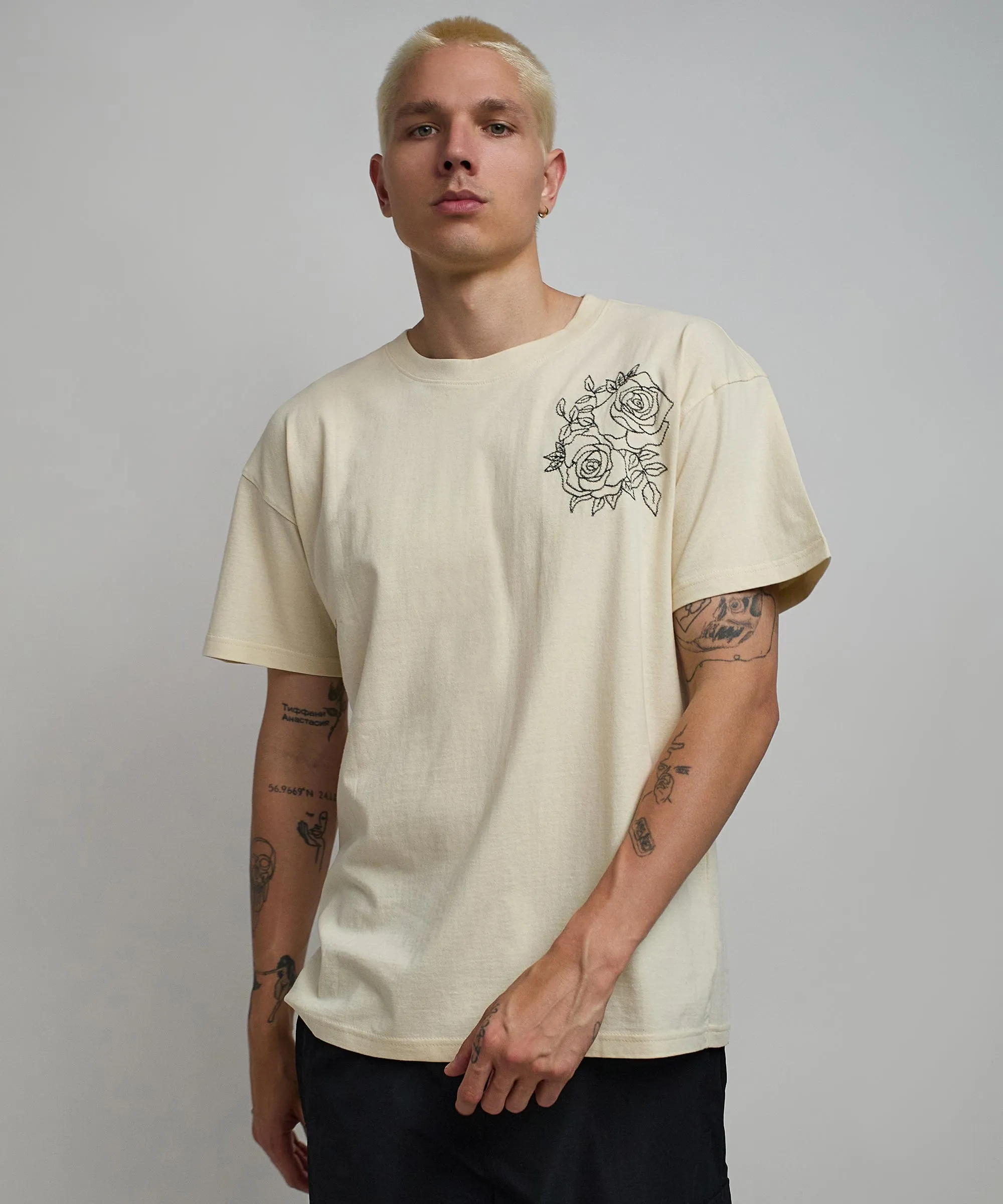 Rose Multi Embroidery Short Sleeve Tee - Cream