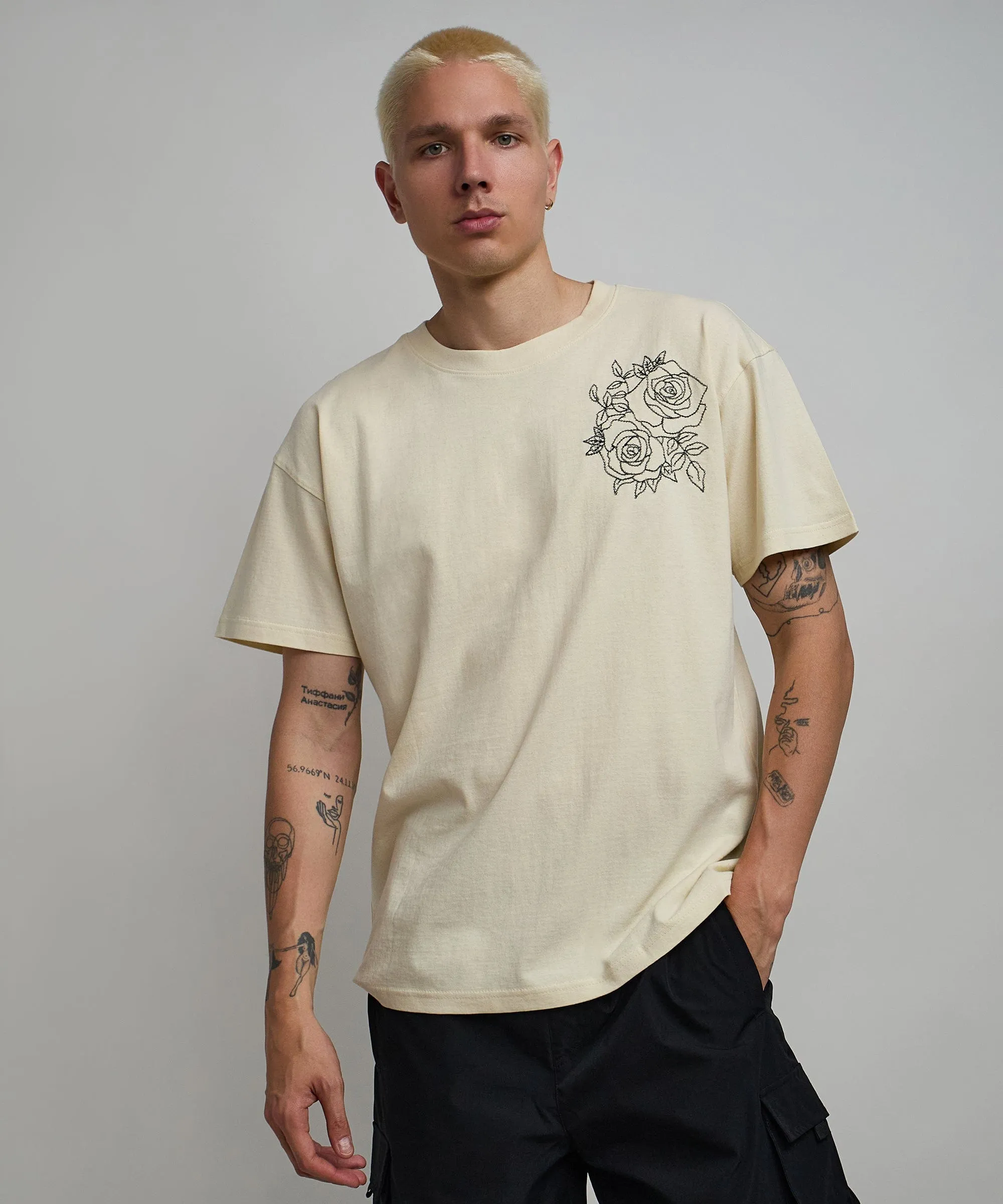 Rose Multi Embroidery Short Sleeve Tee - Cream