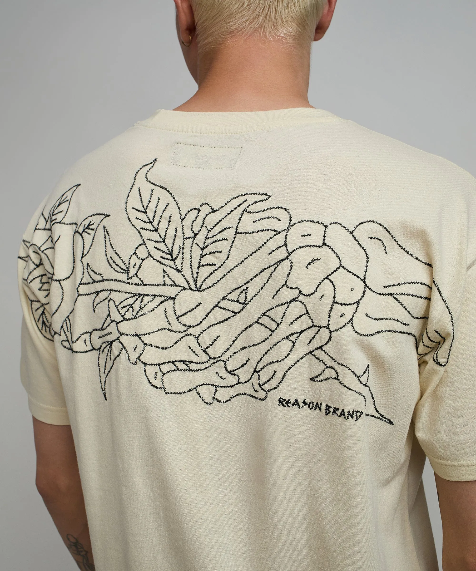 Rose Multi Embroidery Short Sleeve Tee - Cream