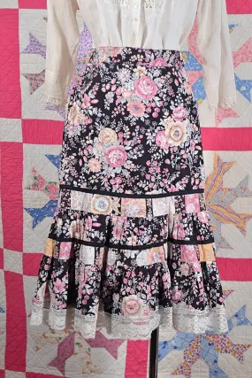 SOLD Vintage Black Rose Print Prairie Skirt, Cottagecore Ruffles XS/S