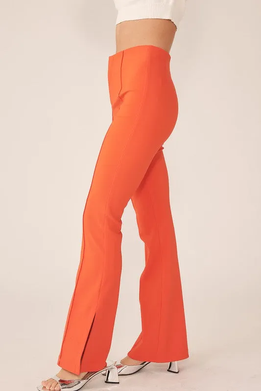 Spicy Orange Center-Leg Seam Detailed Side Slit Flare Pants