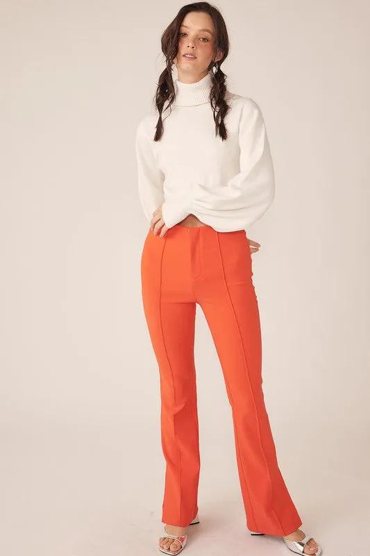 Spicy Orange Center-Leg Seam Detailed Side Slit Flare Pants