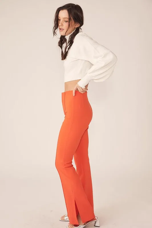 Spicy Orange Center-Leg Seam Detailed Side Slit Flare Pants