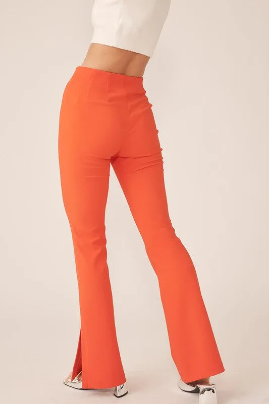 Spicy Orange Center-Leg Seam Detailed Side Slit Flare Pants