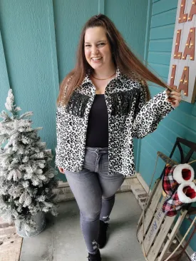 White & Black Leopard Button Down Fringe Jacket
