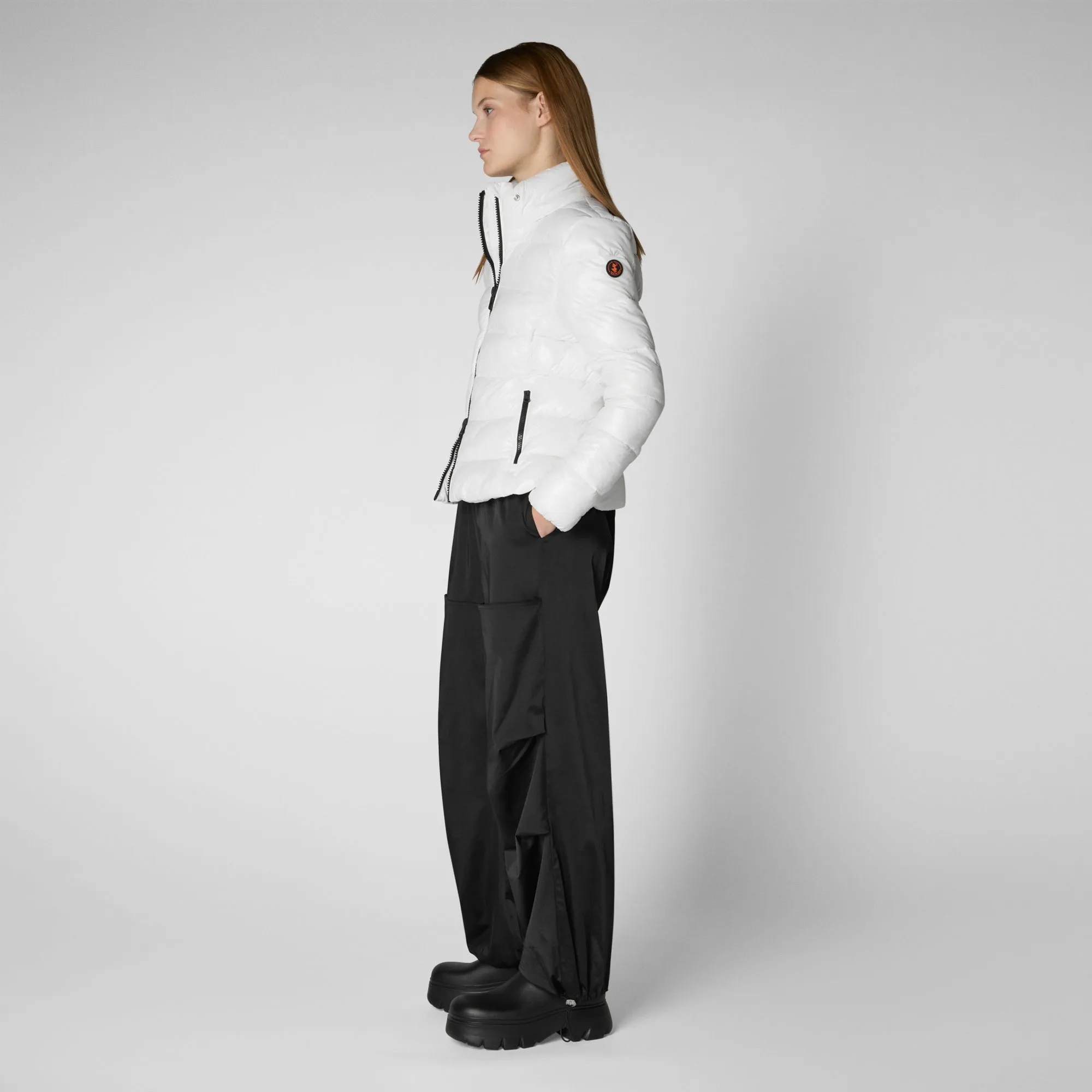 Woman's animal free hooded puffer jacket Cosmary in off white