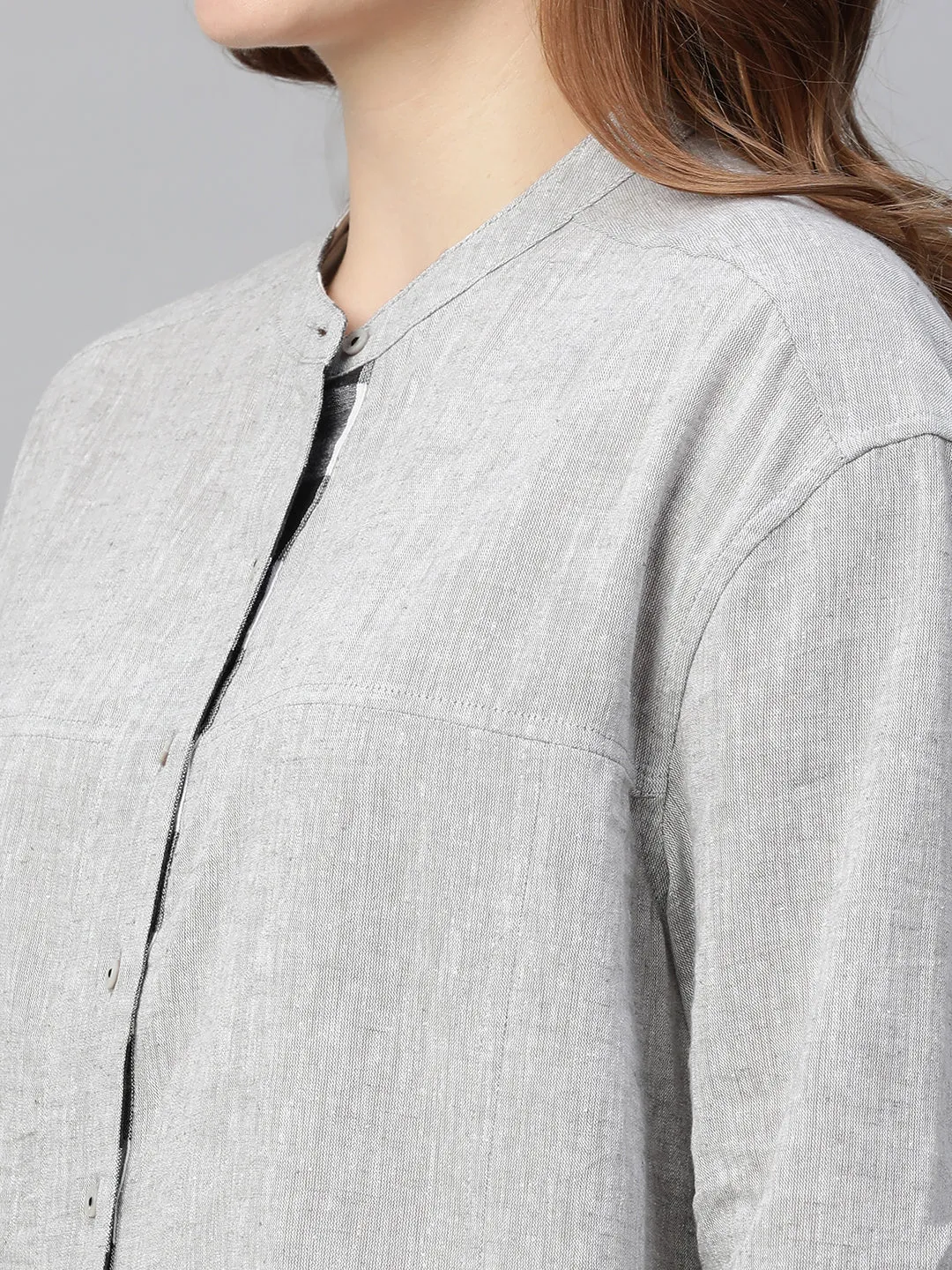 Women's Grey Cotton Linen Regular Fit Blouse