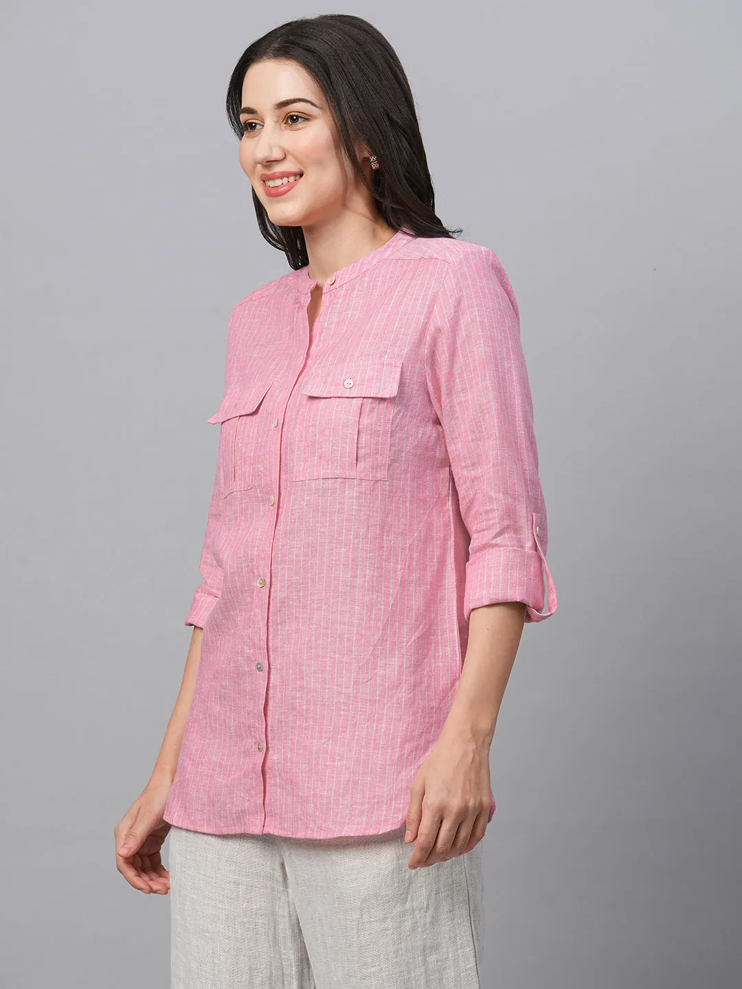 Women's Pink Linen Excel Regular Fit Blouse