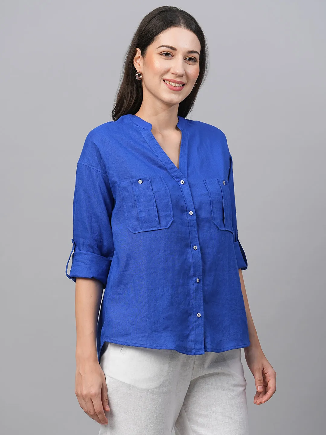 Women's Royalblue Linen Regular Fit Blouse