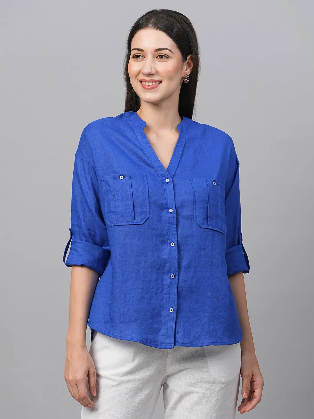 Women's Royalblue Linen Regular Fit Blouse