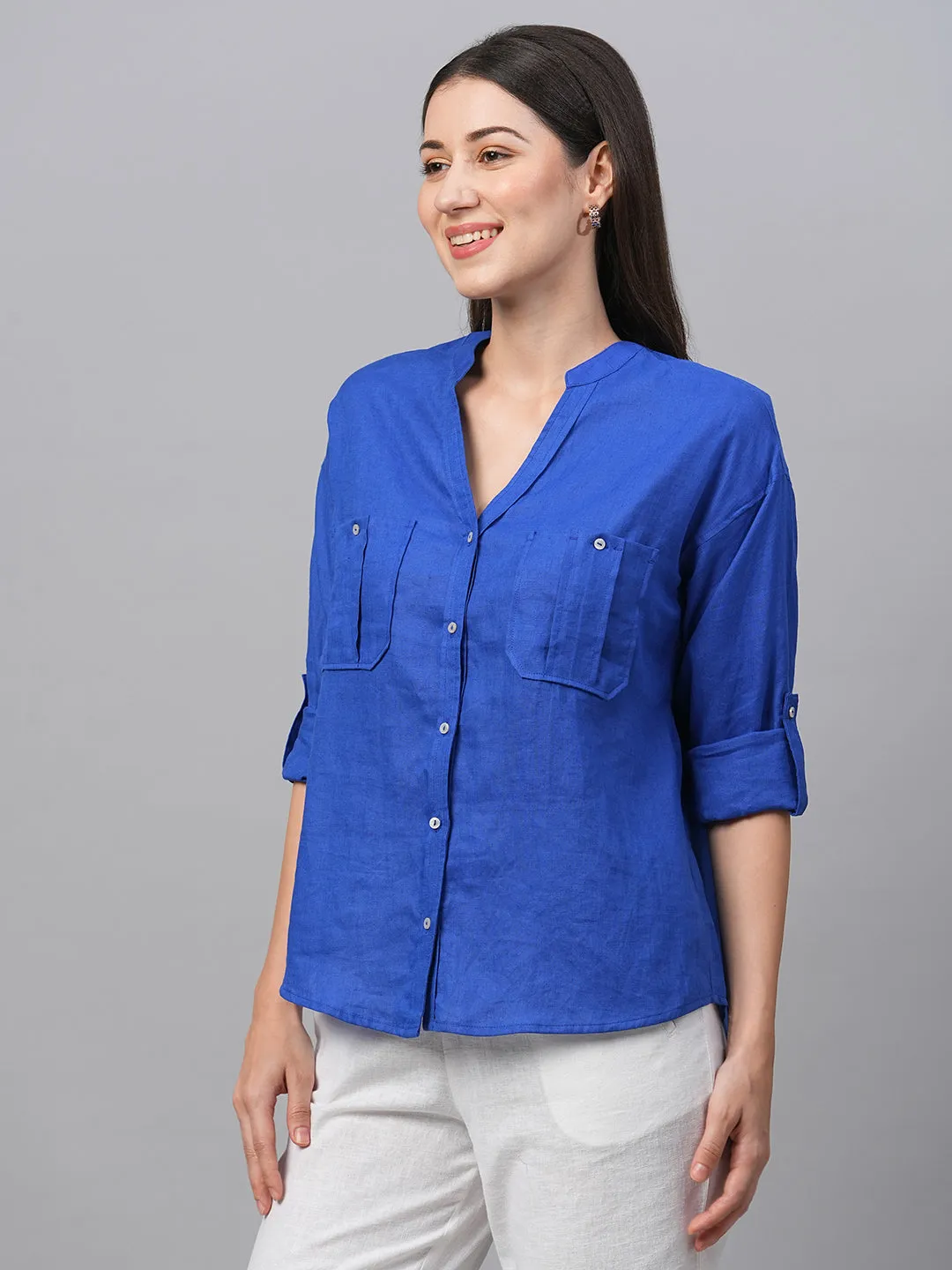 Women's Royalblue Linen Regular Fit Blouse