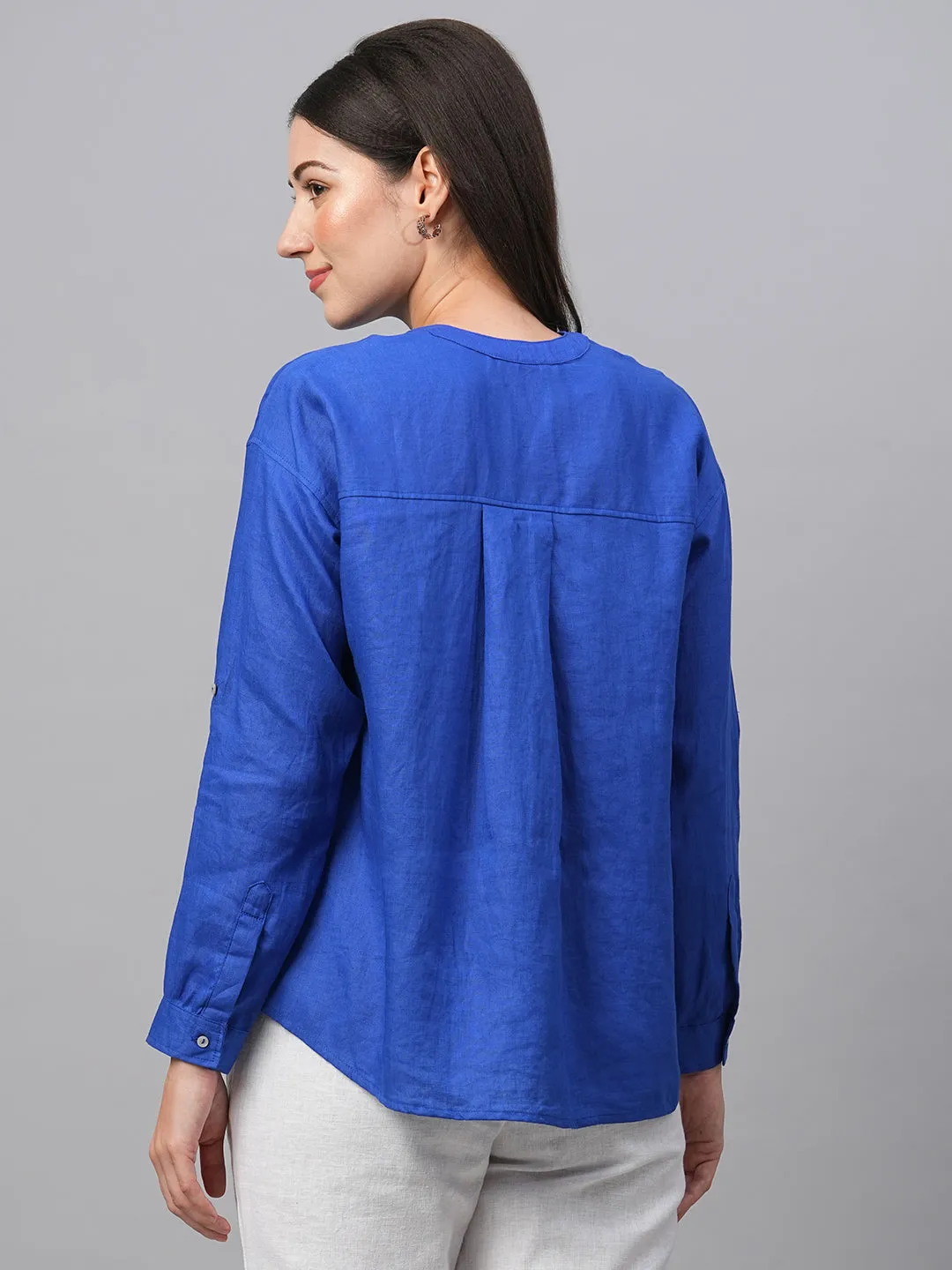 Women's Royalblue Linen Regular Fit Blouse
