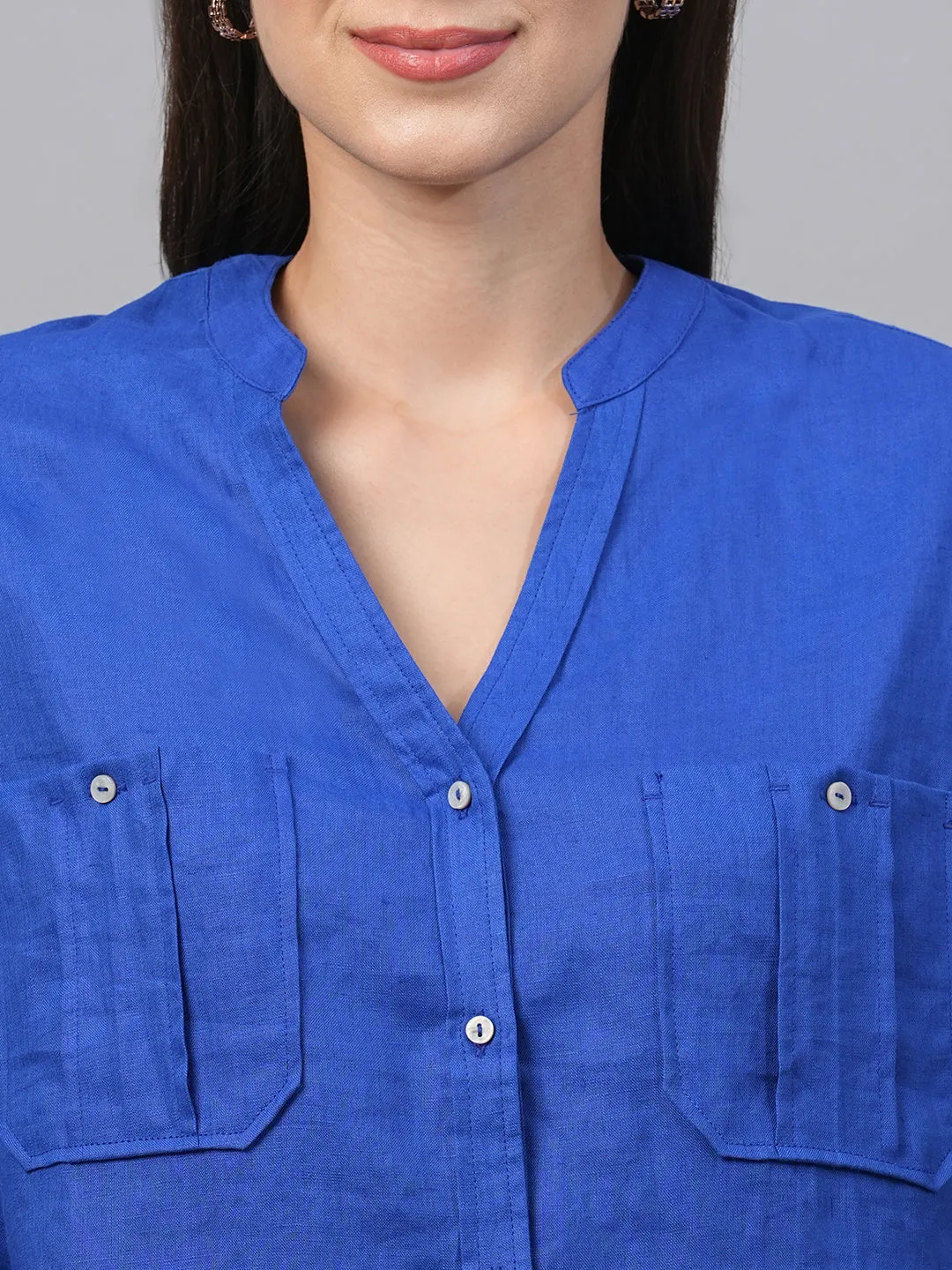 Women's Royalblue Linen Regular Fit Blouse