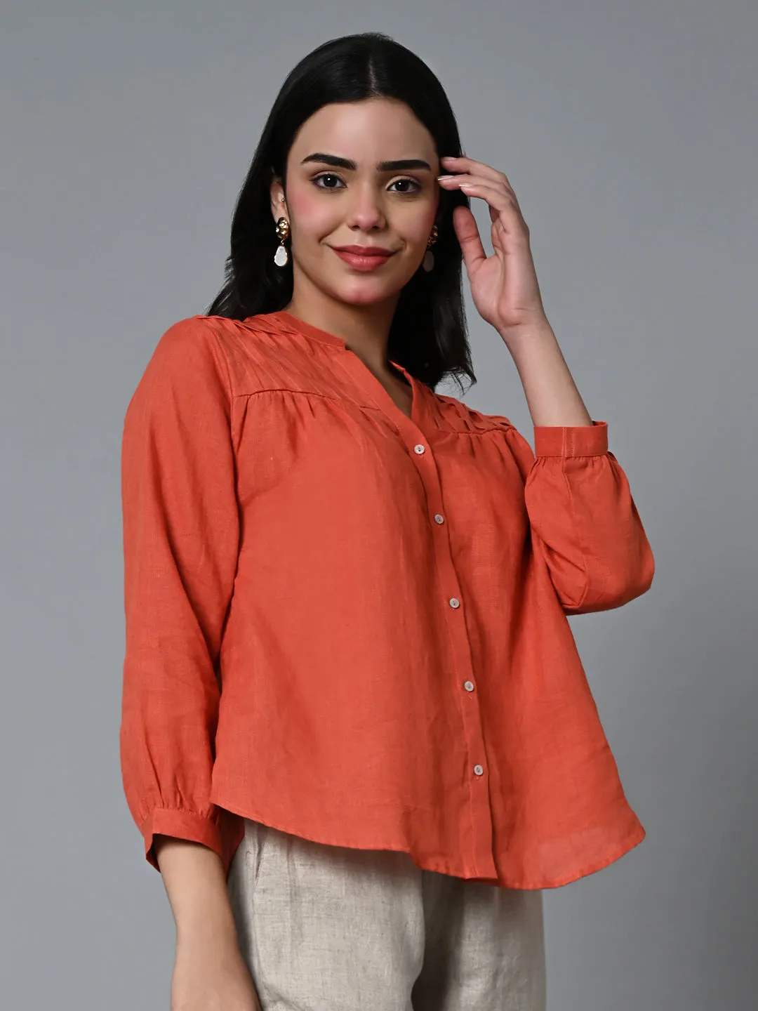 Women's Rust Linen Regular Fit Blouse