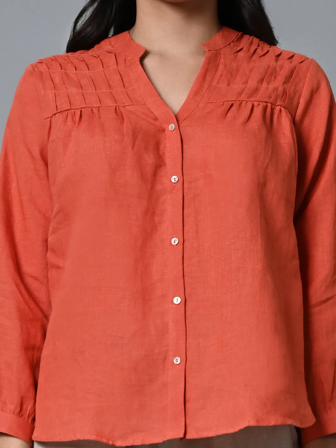 Women's Rust Linen Regular Fit Blouse