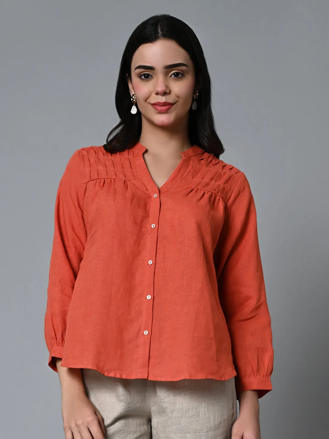 Women's Rust Linen Regular Fit Blouse