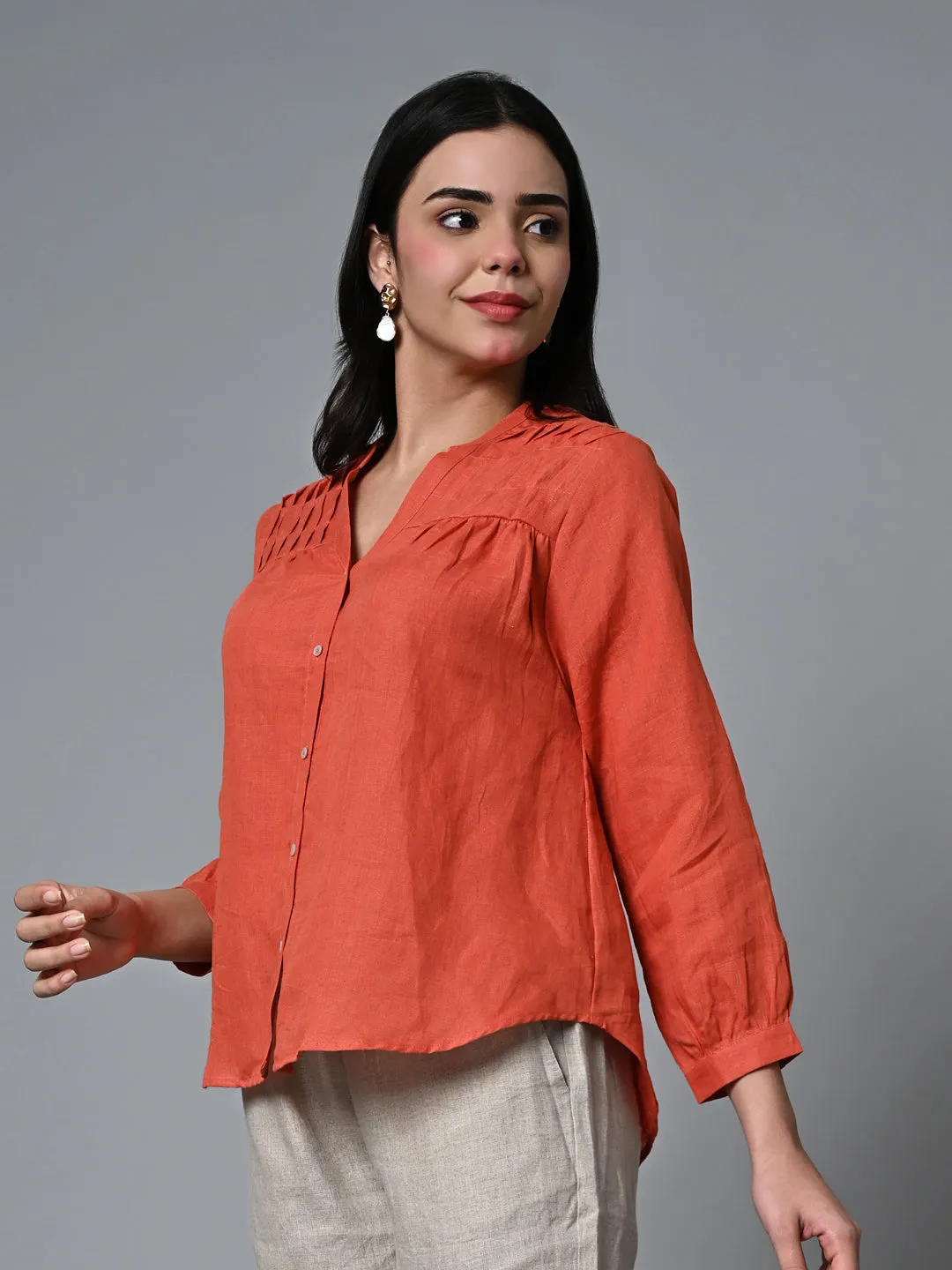 Women's Rust Linen Regular Fit Blouse
