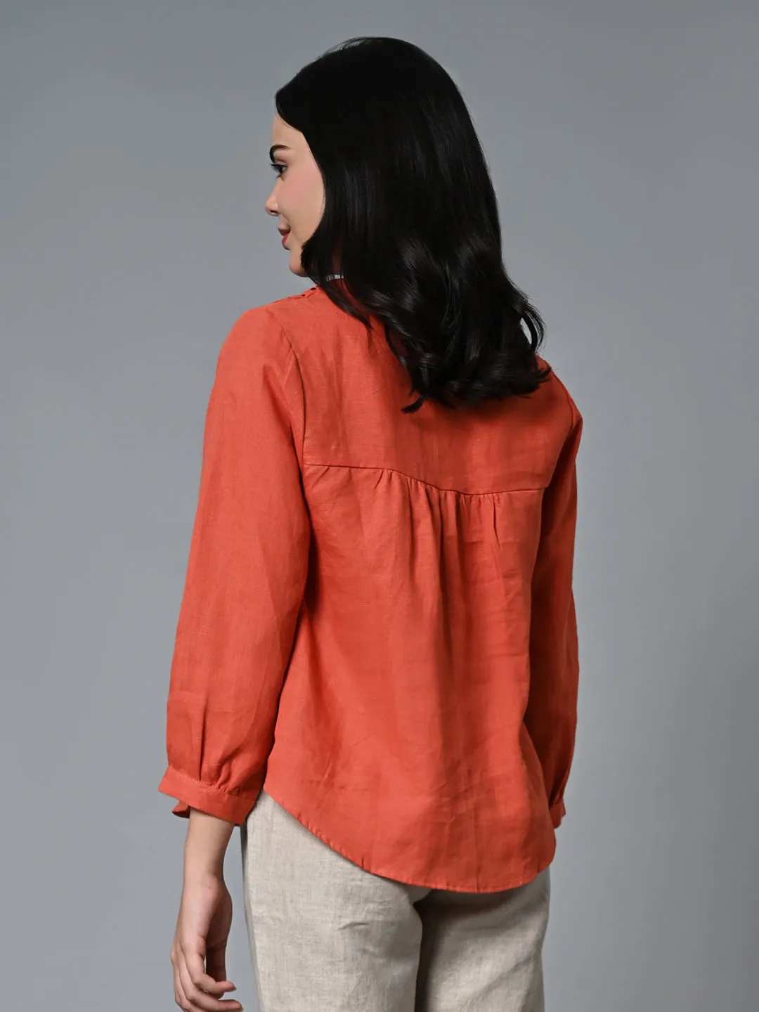 Women's Rust Linen Regular Fit Blouse