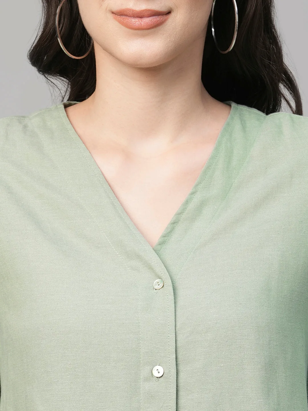 Women's Sage Viscose Linen Cotton Regular Fit Blouse