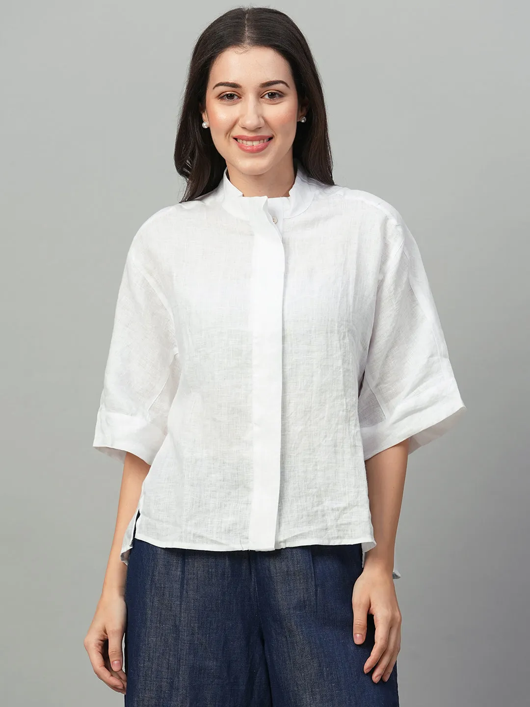 Women's White Linen Boxy Fit Blouse