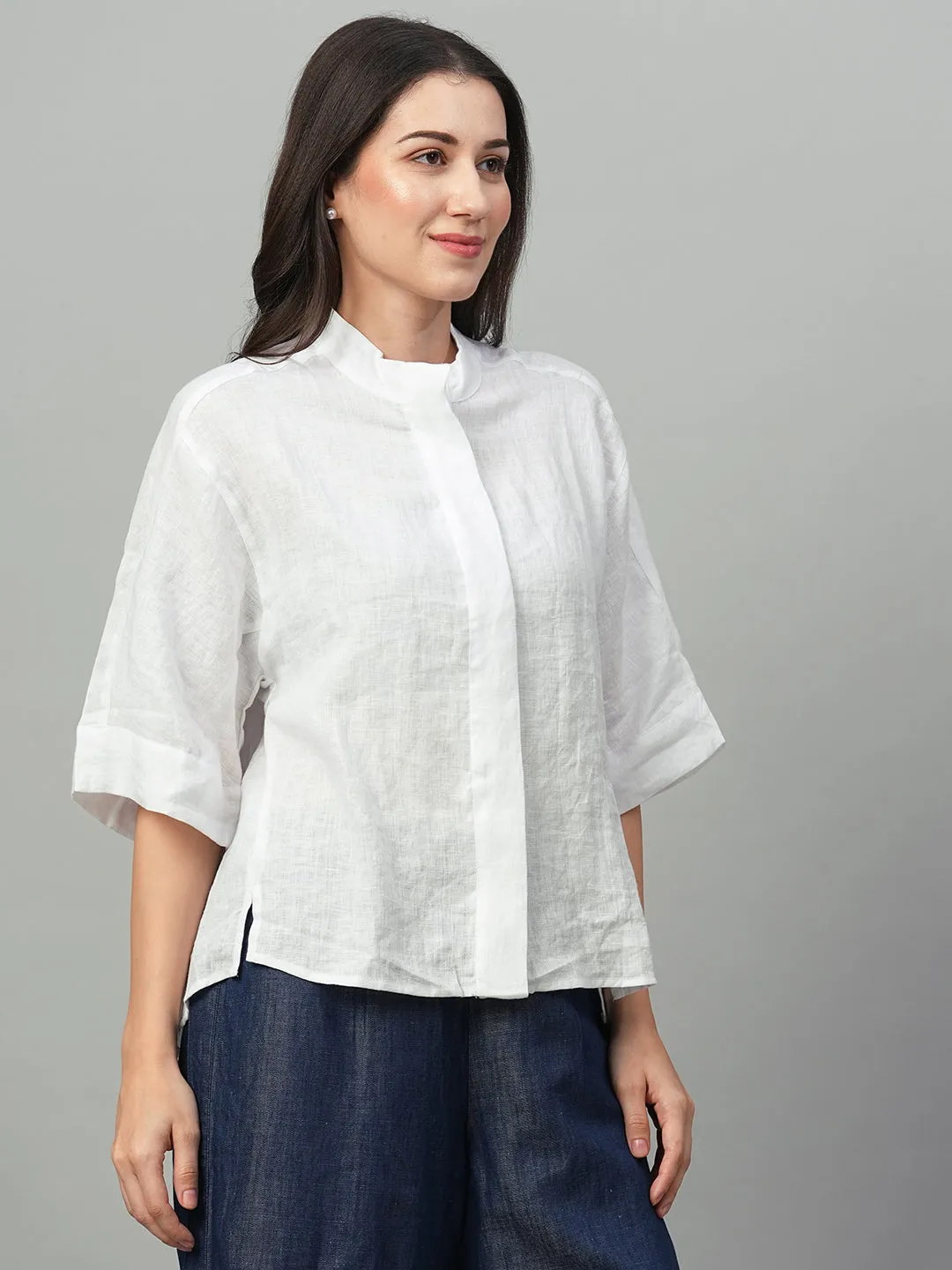 Women's White Linen Boxy Fit Blouse