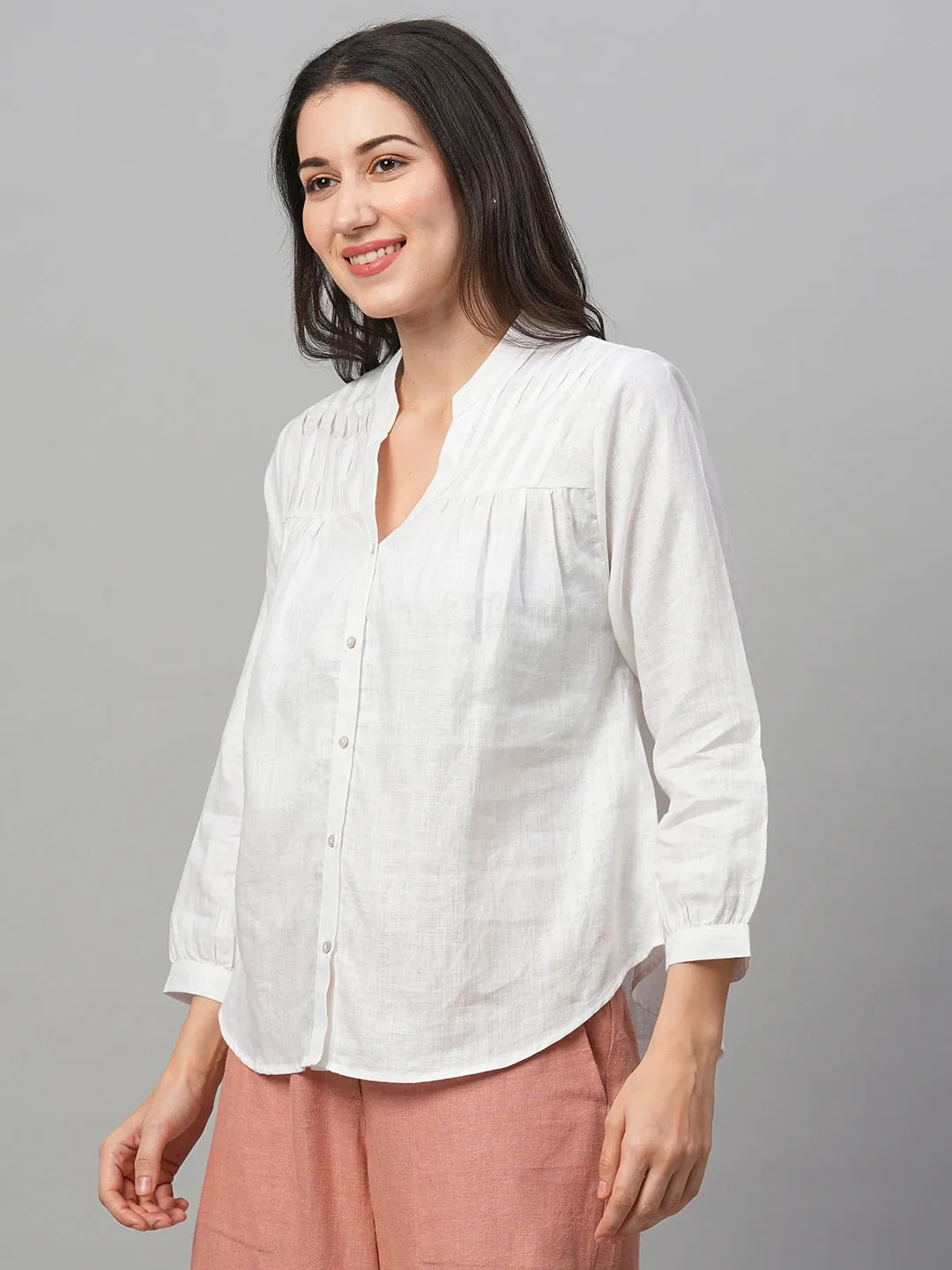 Women's White Linen Regular Fit Blouse