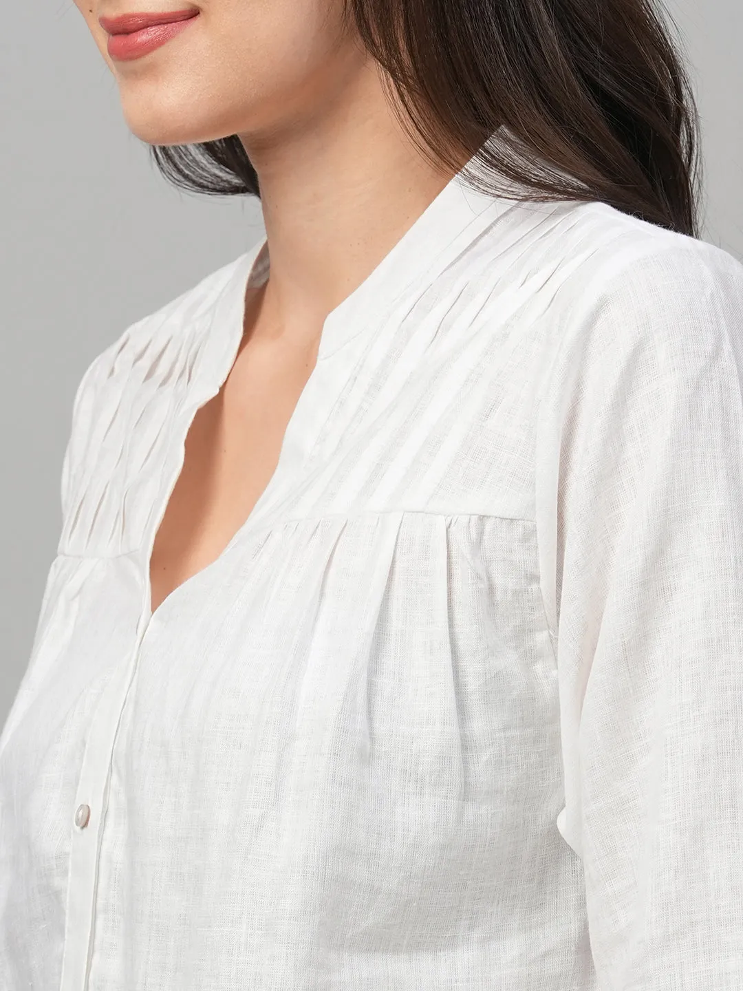 Women's White Linen Regular Fit Blouse