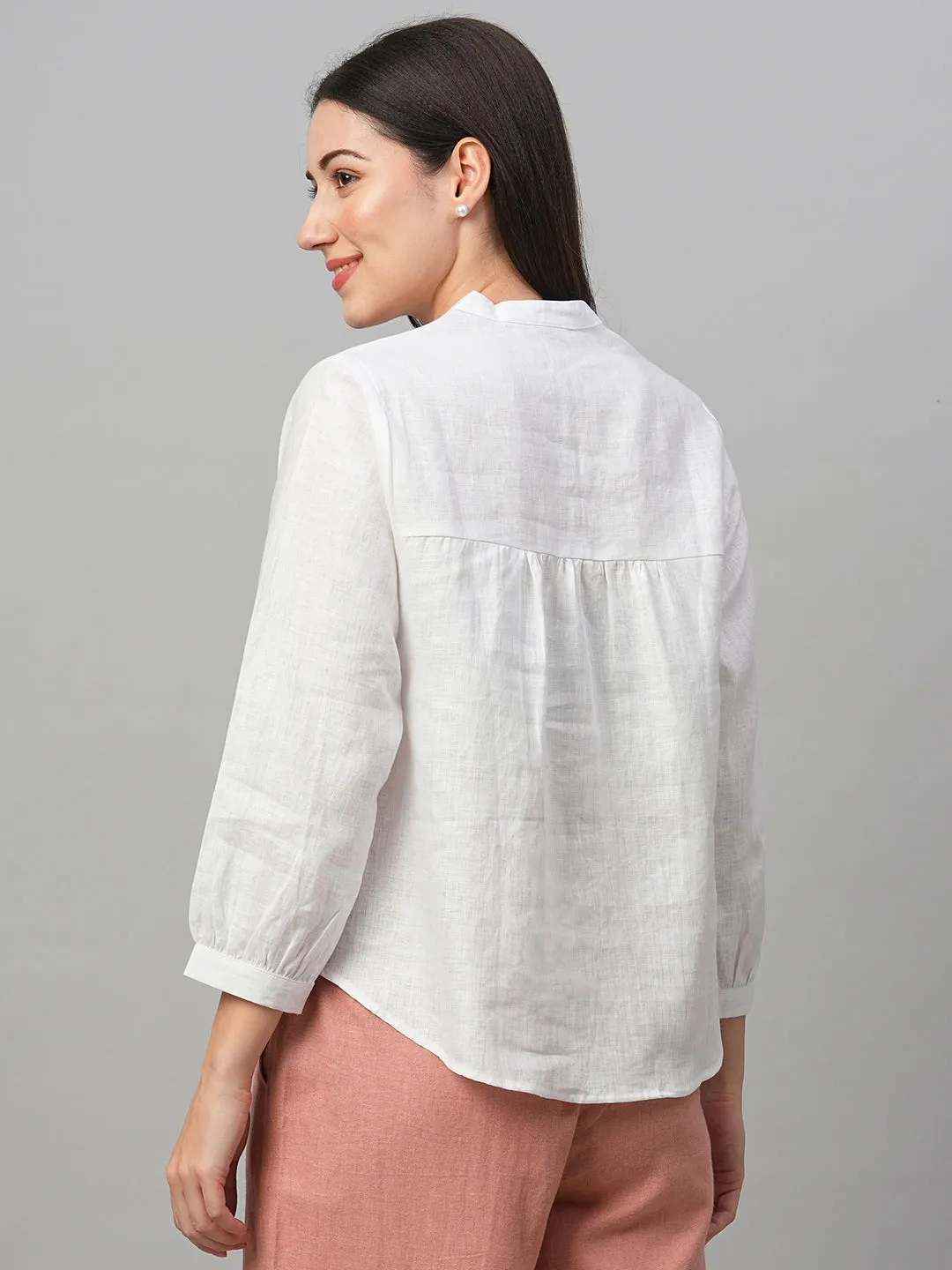 Women's White Linen Regular Fit Blouse