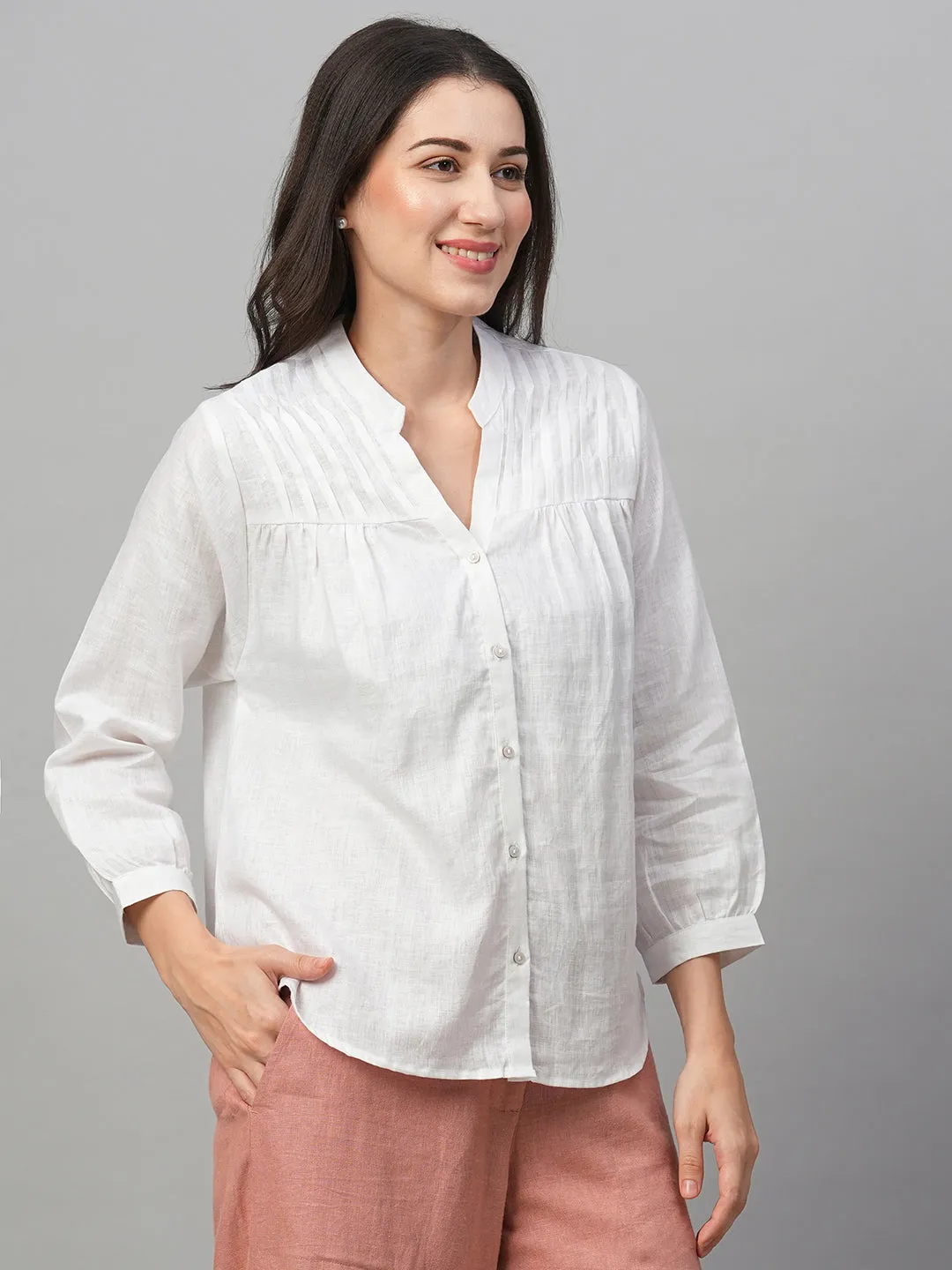 Women's White Linen Regular Fit Blouse